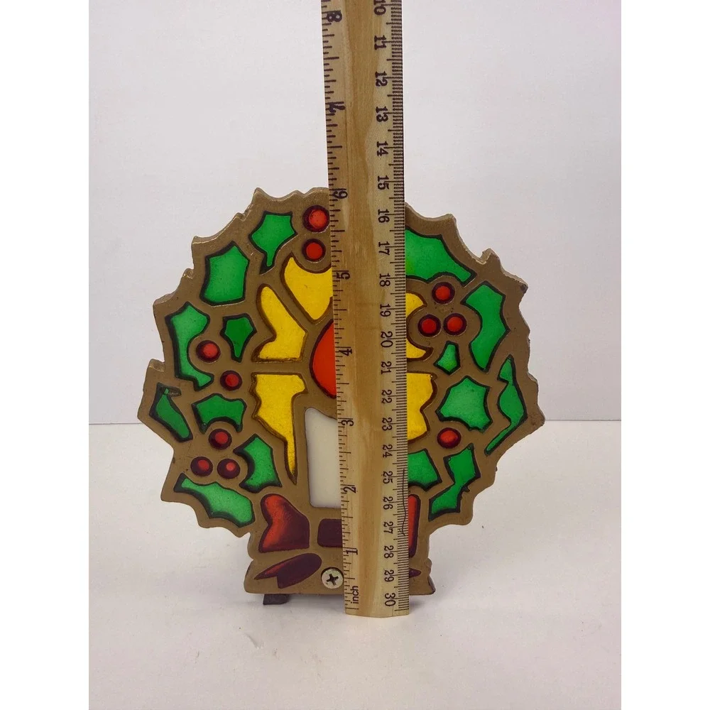 Vintage Christmas Wreath Stained Glass Style Cast Metal Votive Candle Holder